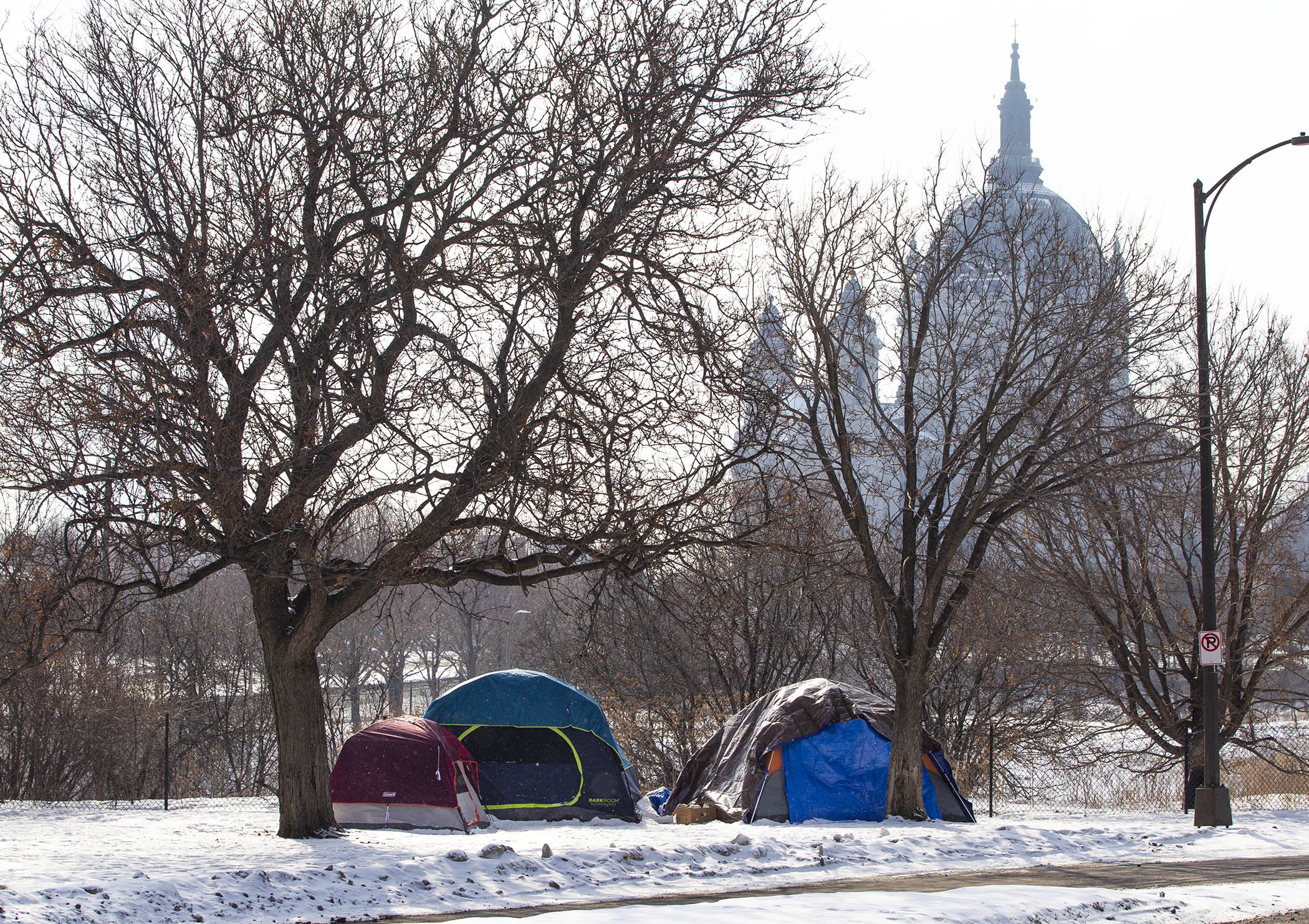 A homeless encampment near the State Capitol in St. Paul, pictured in 2021. (House Photography file photo)